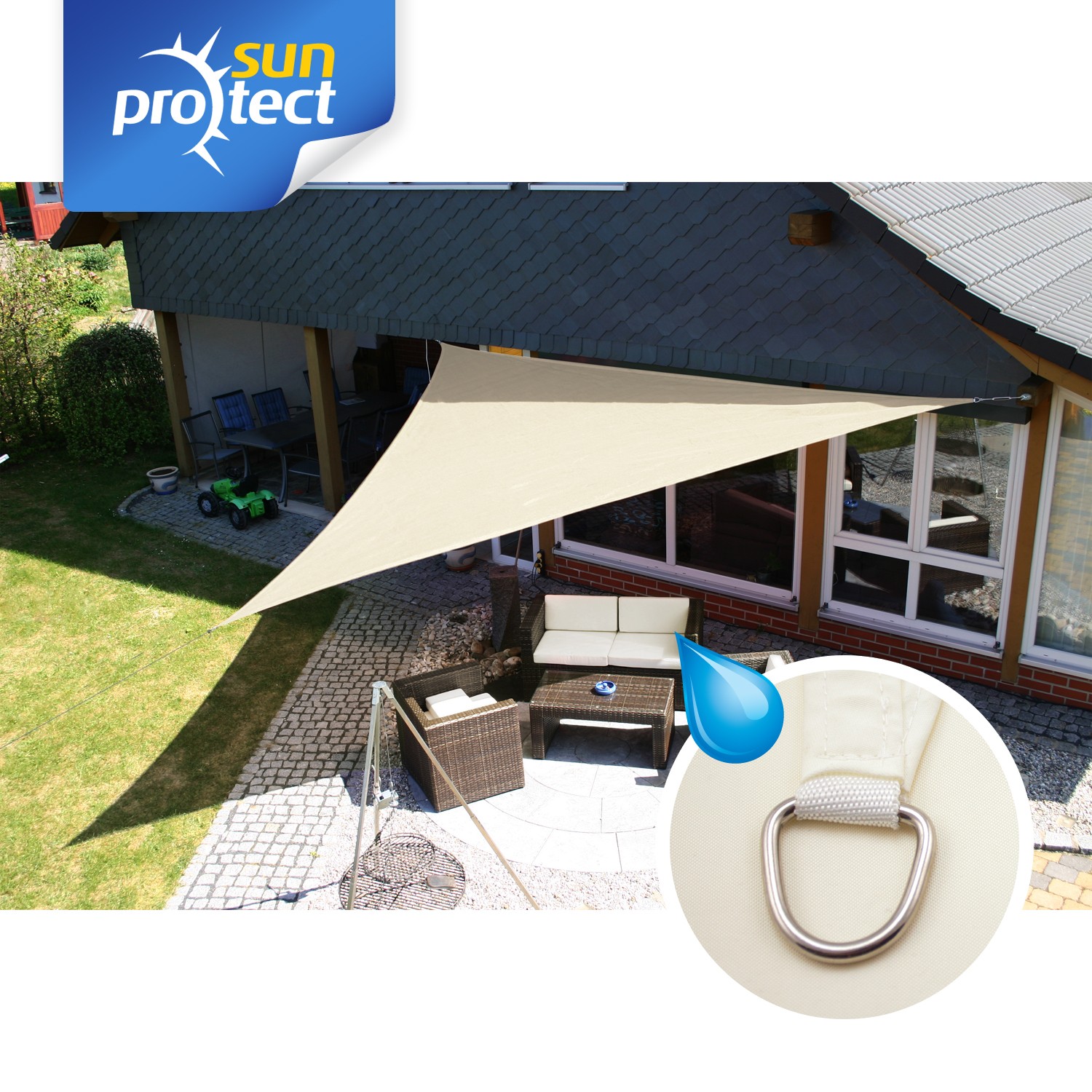sunprotect Sonnensegel waterproof, 5 x 5 x 5 m, Dreieck, creme (1 Stück)